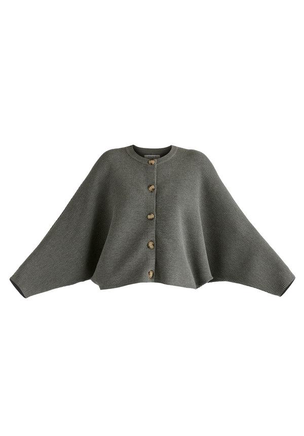 Ribbed Batwing Cardigan with Crew Neck and Button Front in Grey Cutout