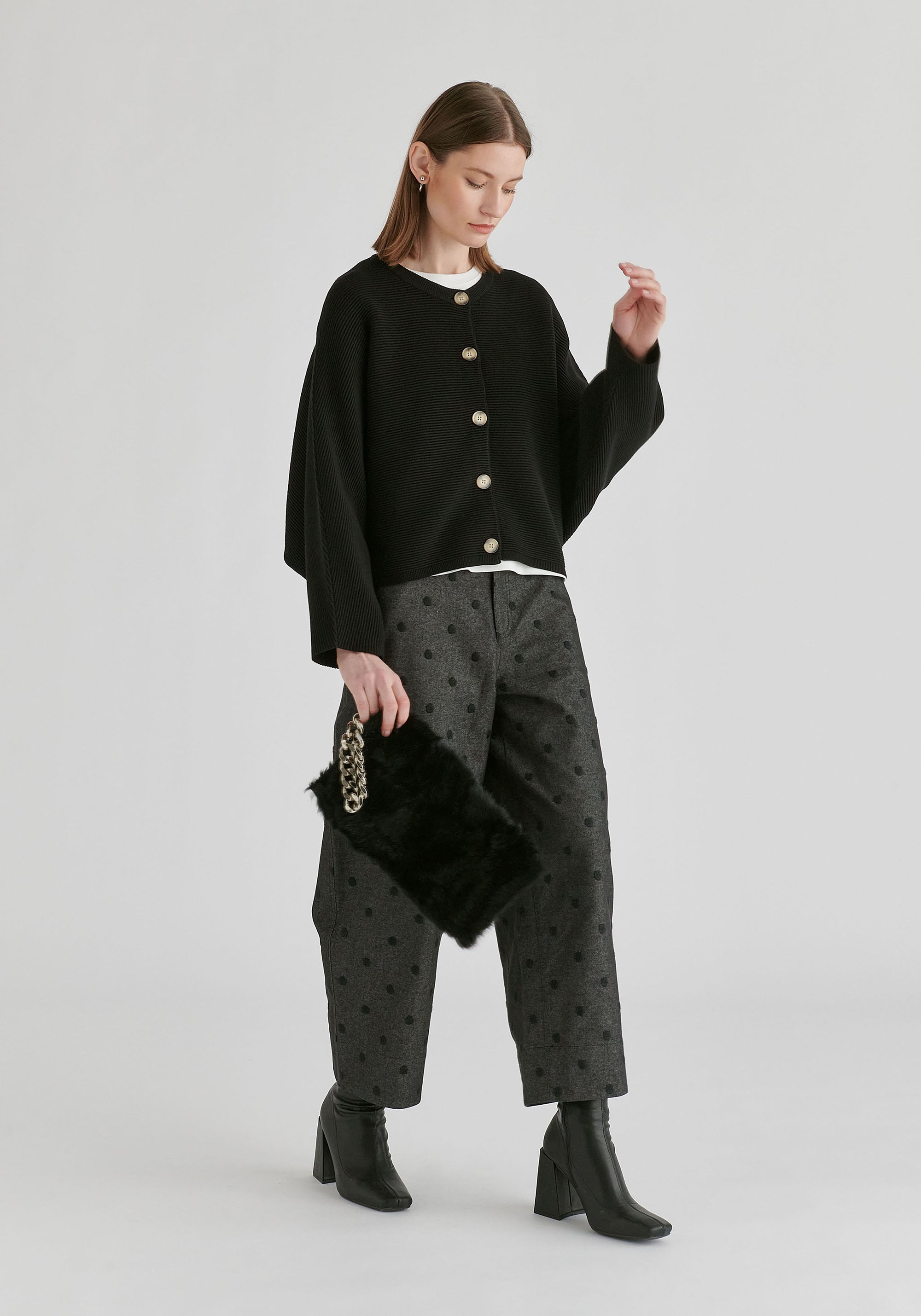 Ribbed Batwing Cardigan with Crew Neck and Button Front