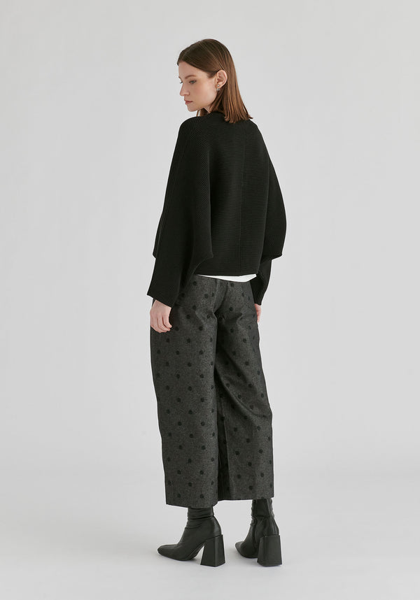 Ribbed Batwing Cardigan with Crew Neck and Button Front in Black Back
