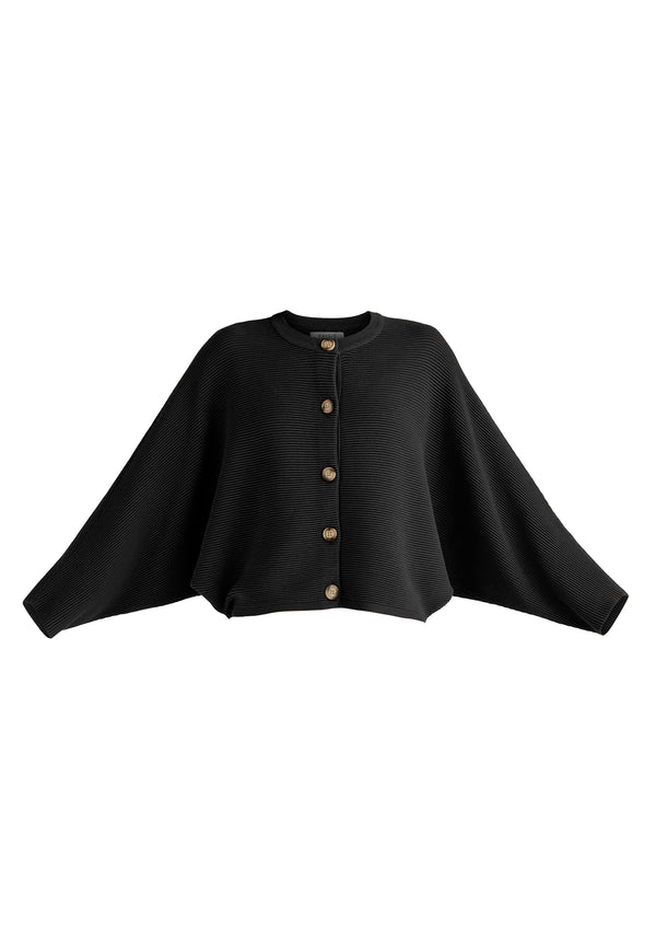 Ribbed Batwing Cardigan with Crew Neck and Button Front in Black Cutout