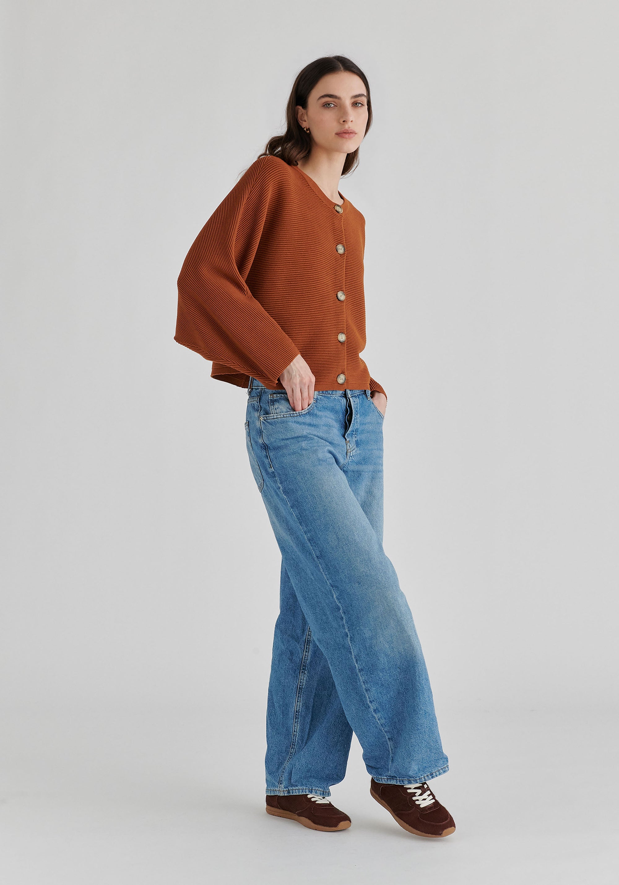 Ribbed Batwing Cardigan with Crew Neck and Button Front