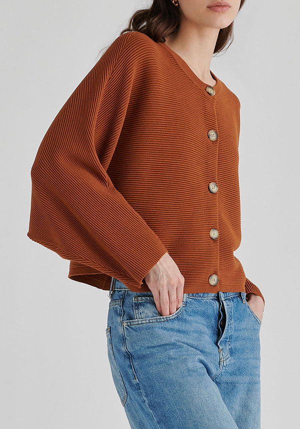 Ribbed Batwing Cardigan with Crew Neck and Button Front