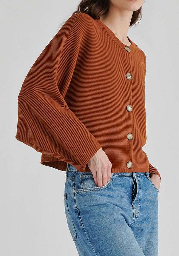 Ribbed Batwing Cardigan with Crew Neck and Button Front