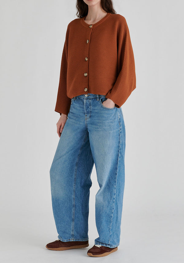 Ribbed Batwing Cardigan with Crew Neck and Button Front