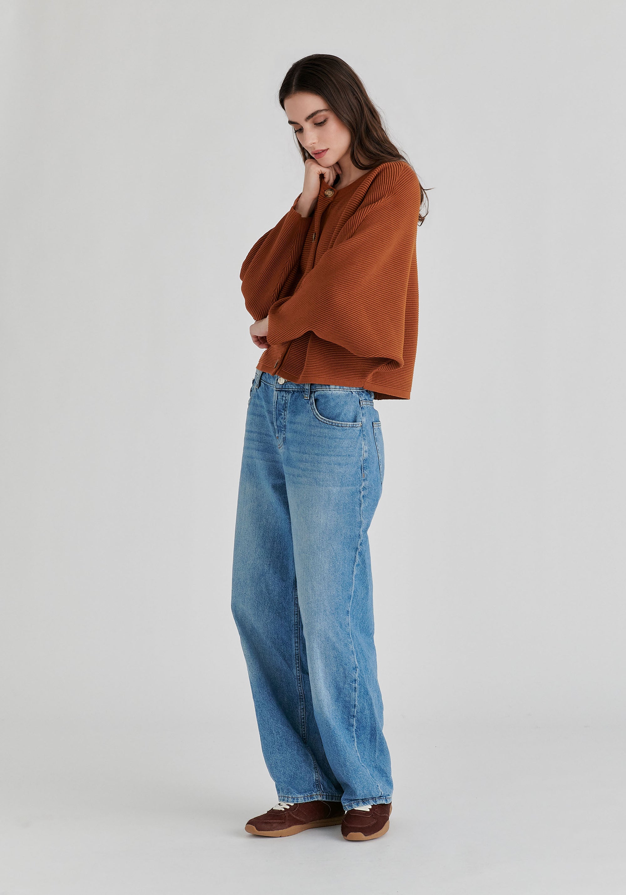 Ribbed Batwing Cardigan with Crew Neck and Button Front