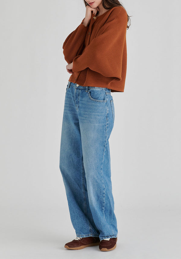 Ribbed Batwing Cardigan with Crew Neck and Button Front