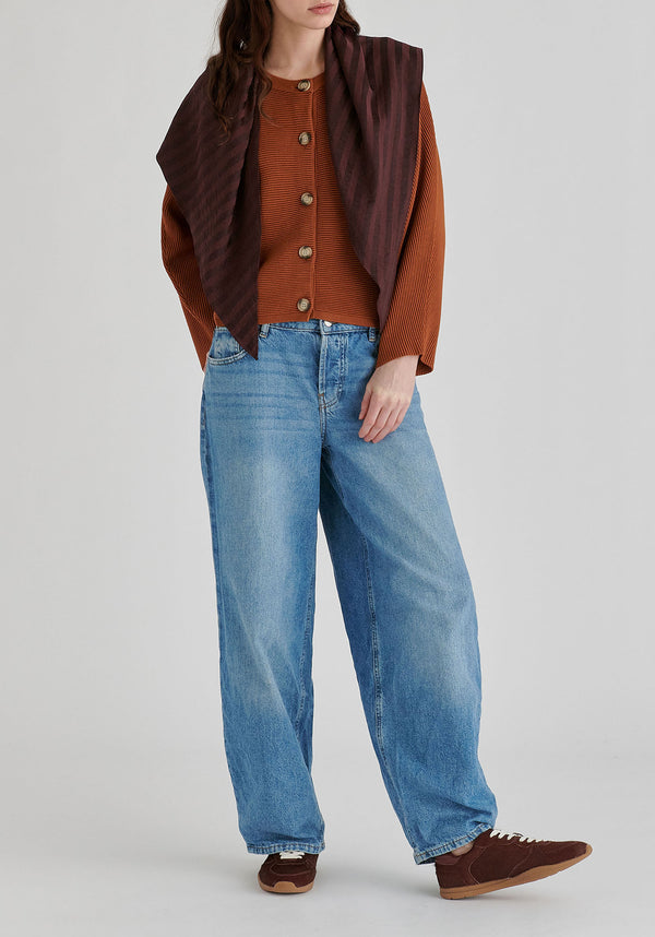 Ribbed Batwing Cardigan with Crew Neck and Button Front