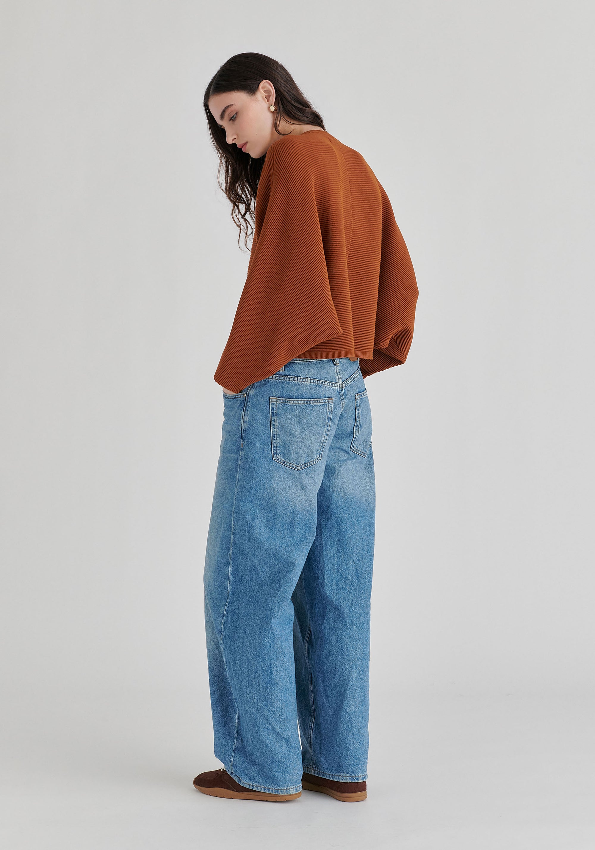 Ribbed Batwing Cardigan with Crew Neck and Button Front