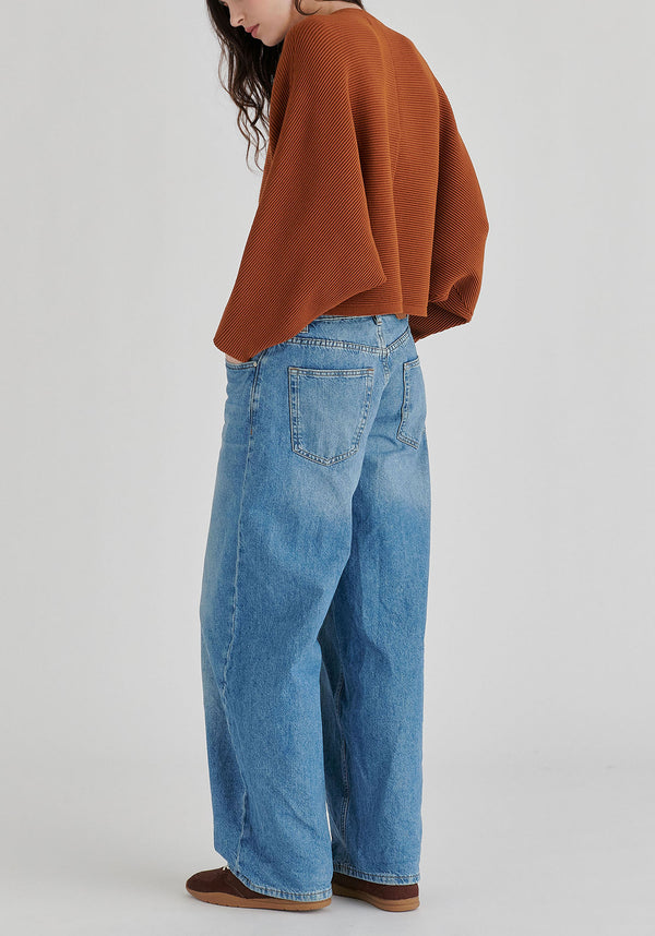 Ribbed Batwing Cardigan with Crew Neck and Button Front