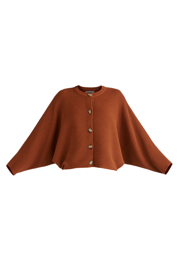 Ribbed Batwing Cardigan with Crew Neck and Button Front in Cutout