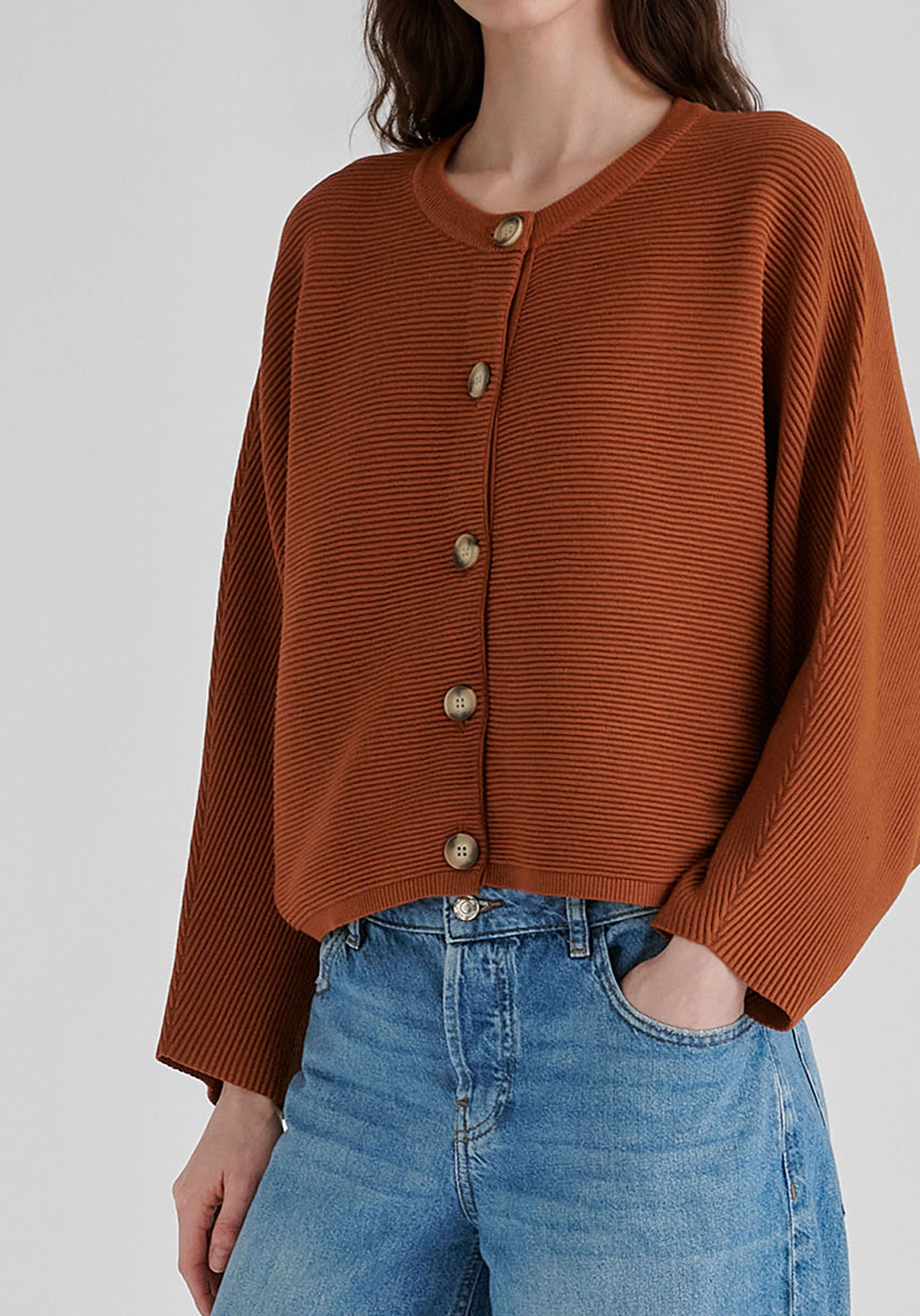 Ribbed Batwing Cardigan with Crew Neck and Button Front