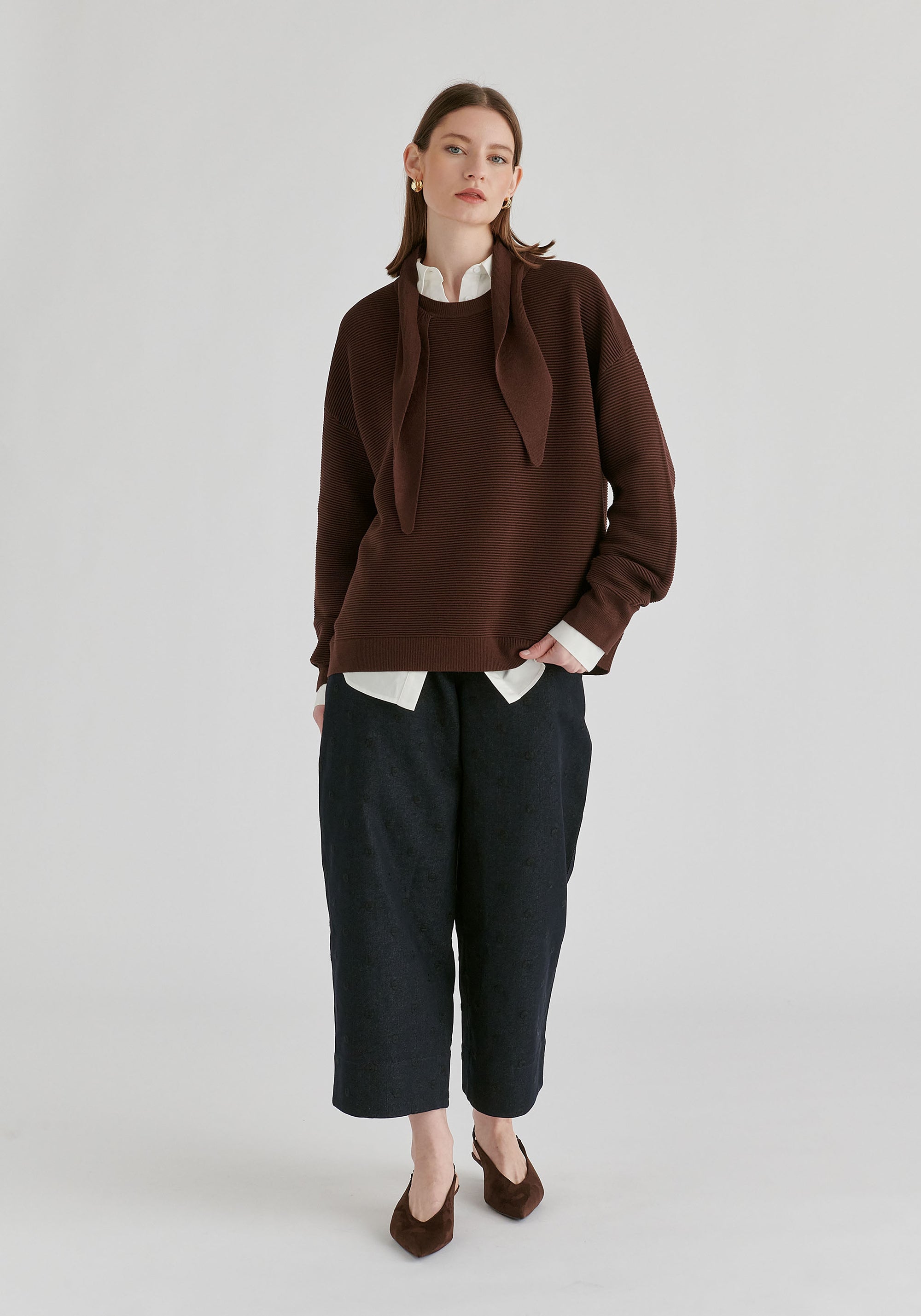 Ribbed Jumper with Attached Scarf Tie