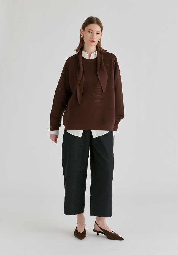 Ribbed Jumper with Attached Scarf Tie