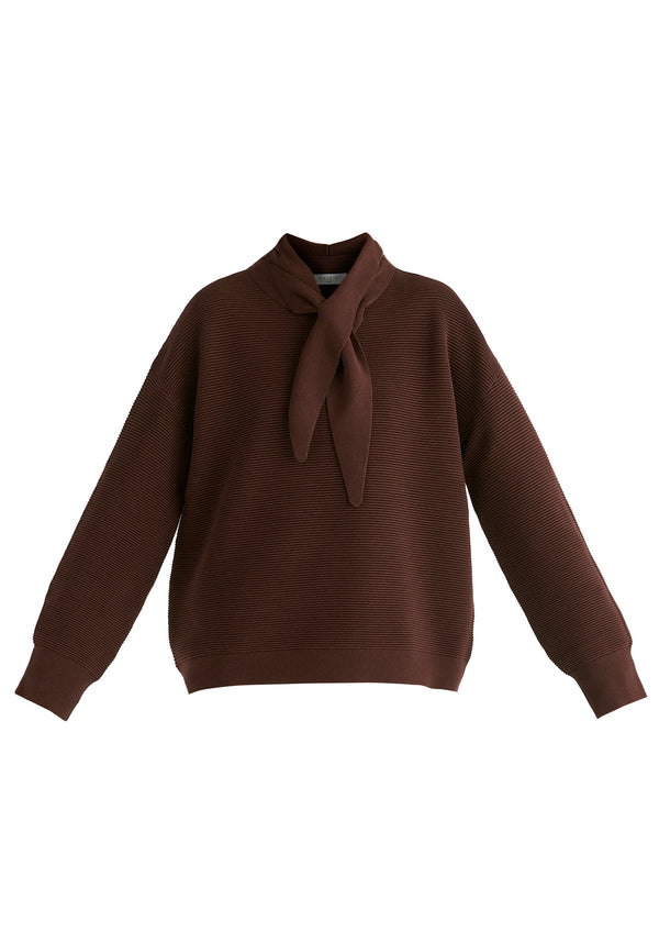 Ribbed Jumper with Attached Scarf Tie