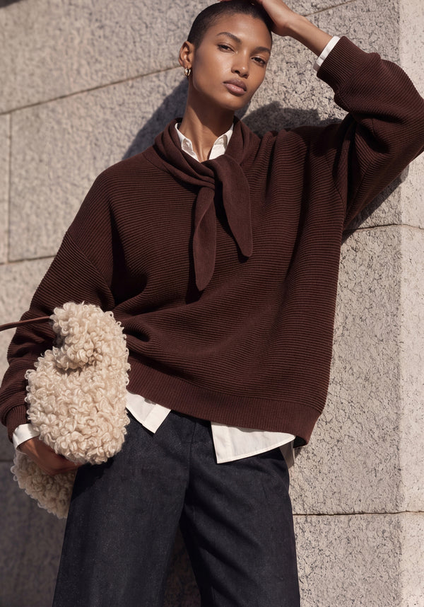Ribbed Jumper with Attached Scarf Tie