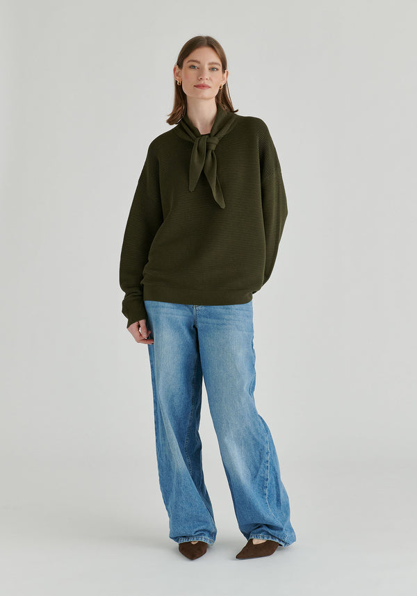 Ribbed Jumper with Attached Scarf Tie