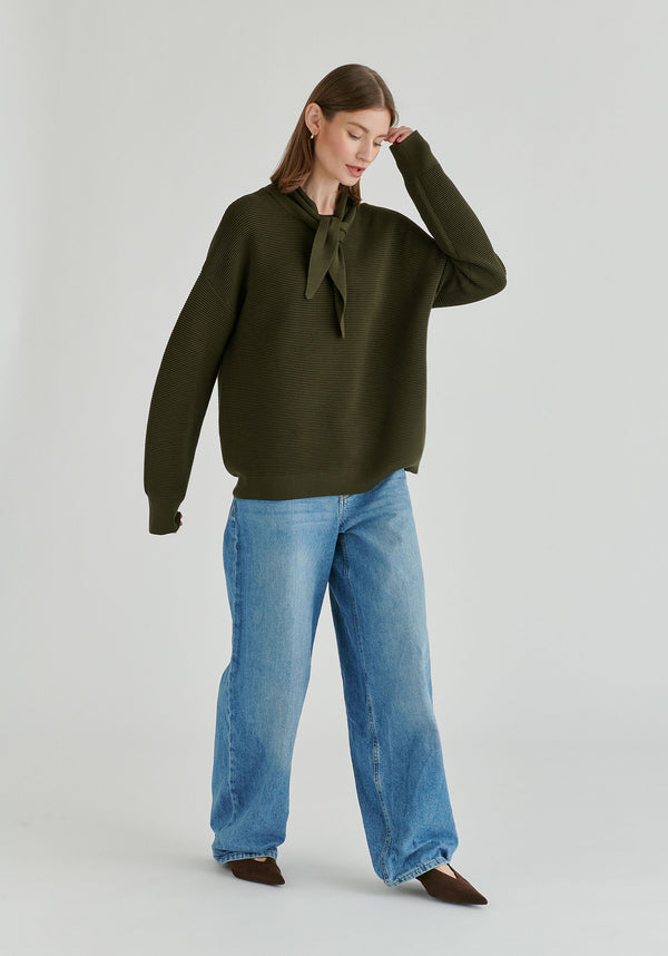 Ribbed Jumper with Attached Scarf Tie