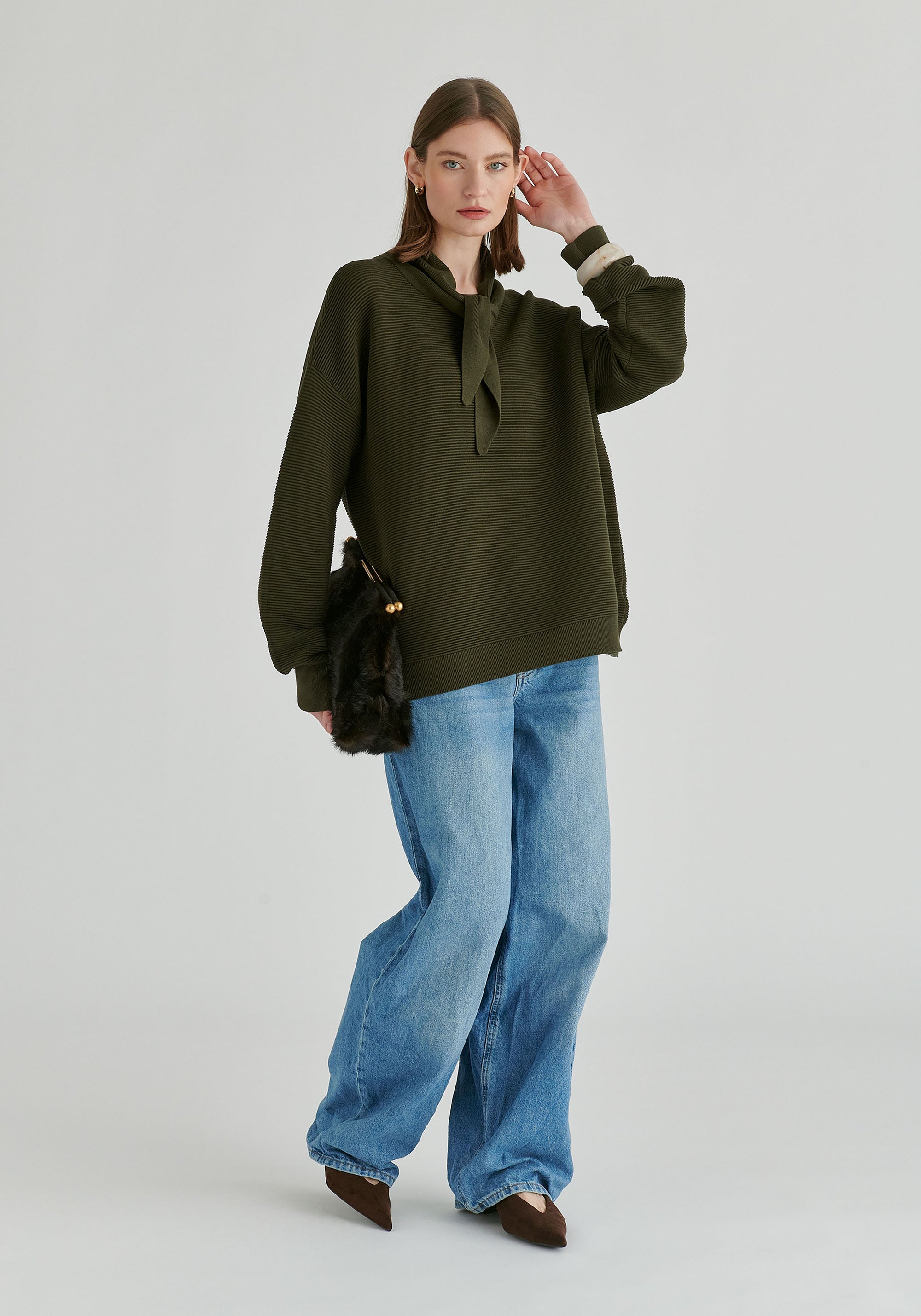 Ribbed Jumper with Attached Scarf Tie