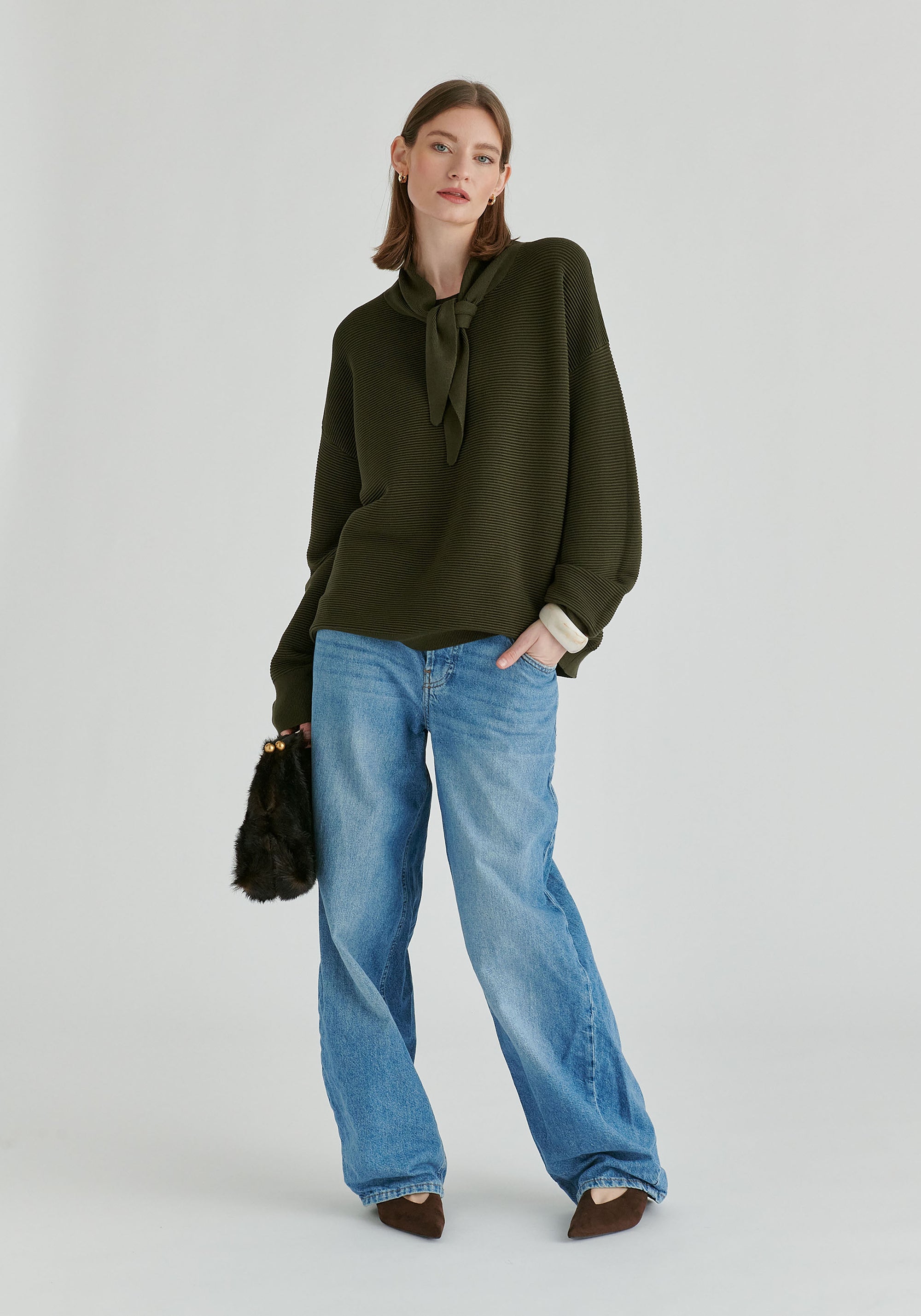 Ribbed Jumper with Attached Scarf Tie