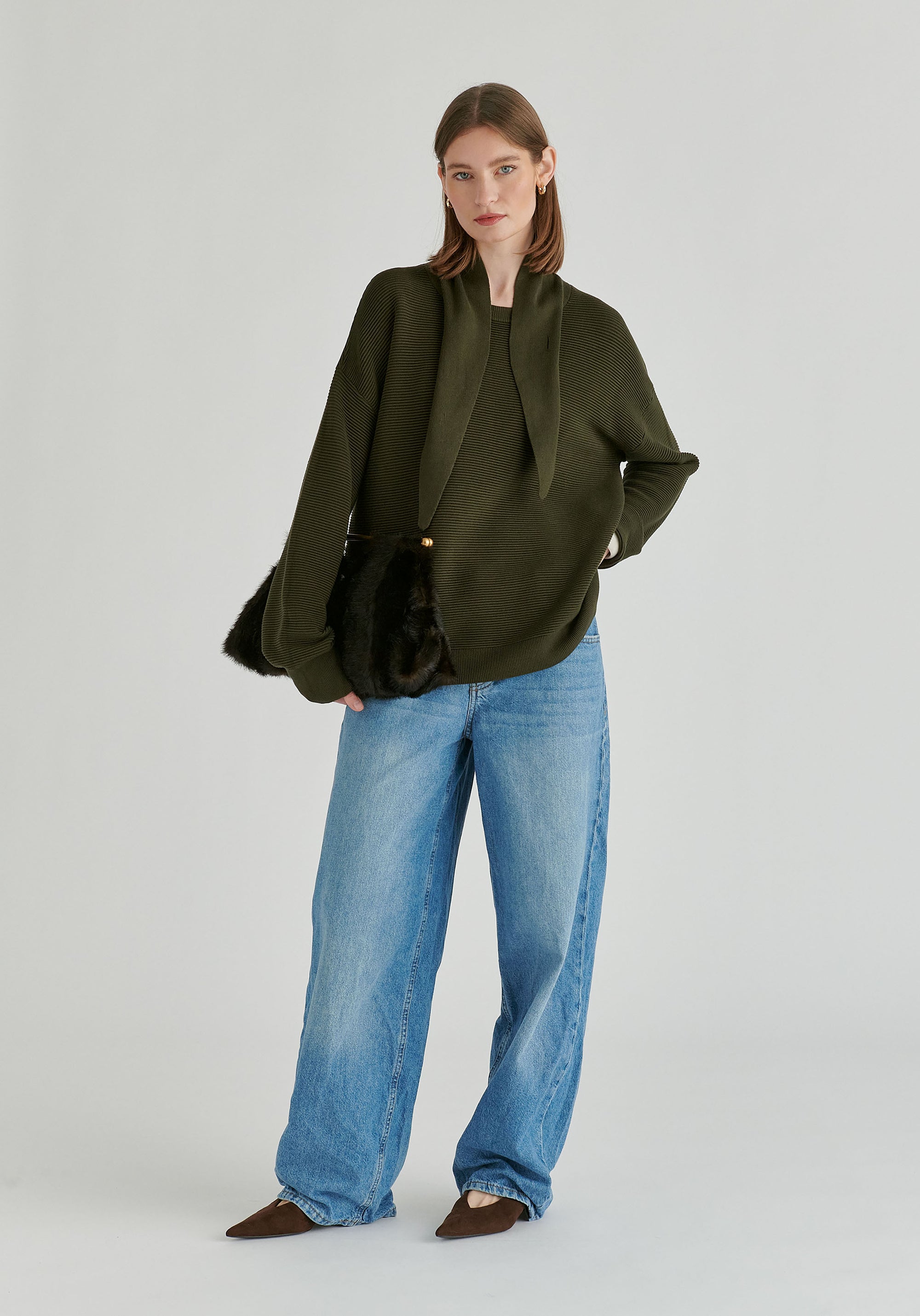 Ribbed Jumper with Attached Scarf Tie