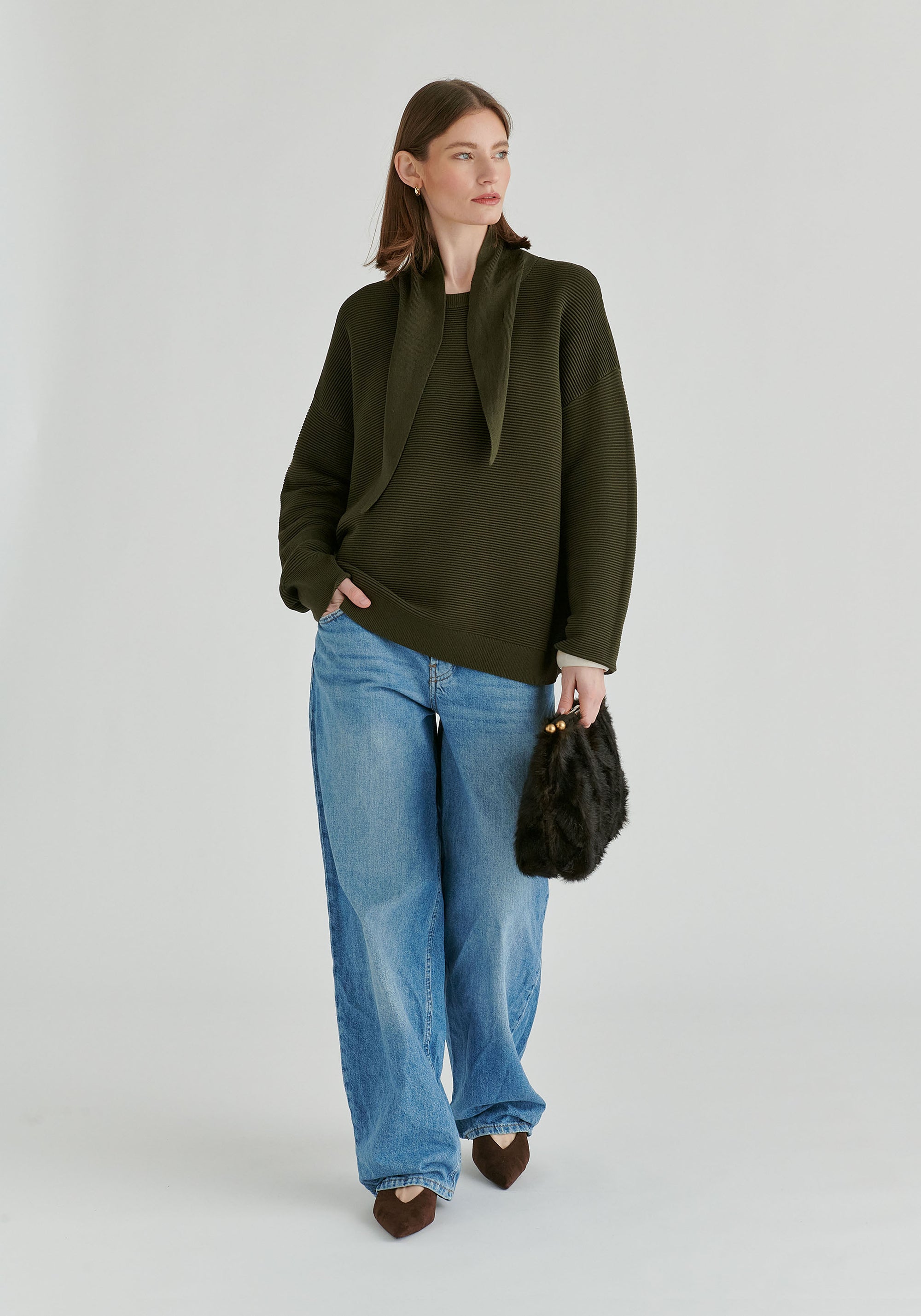 Ribbed Jumper with Attached Scarf Tie