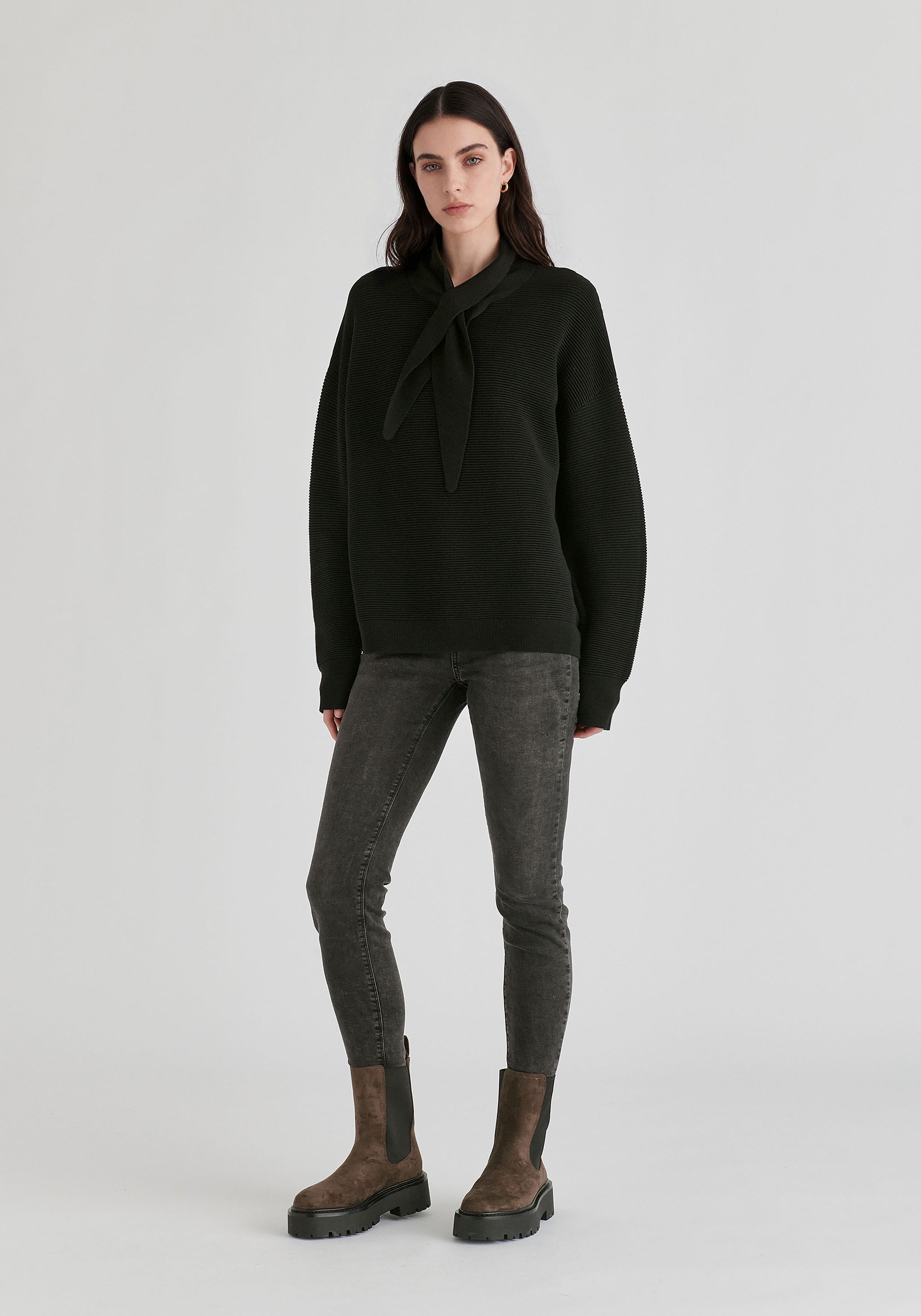 Ribbed Jumper with Attached Scarf Tie