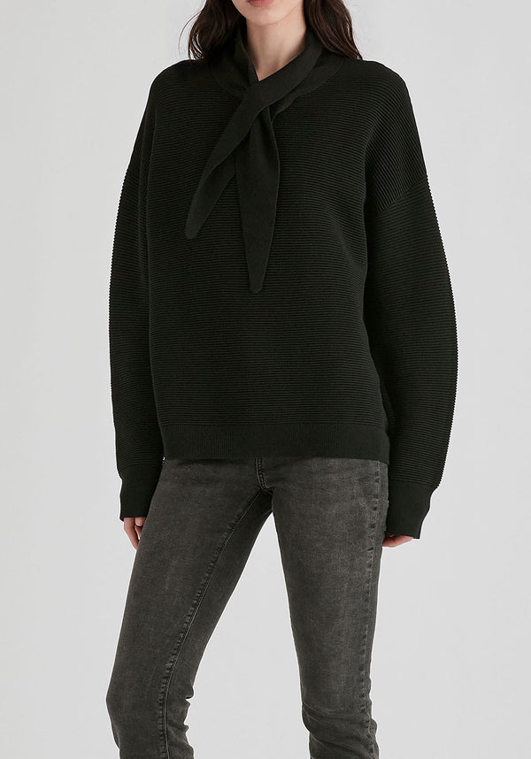 Ribbed Jumper with Attached Scarf Tie