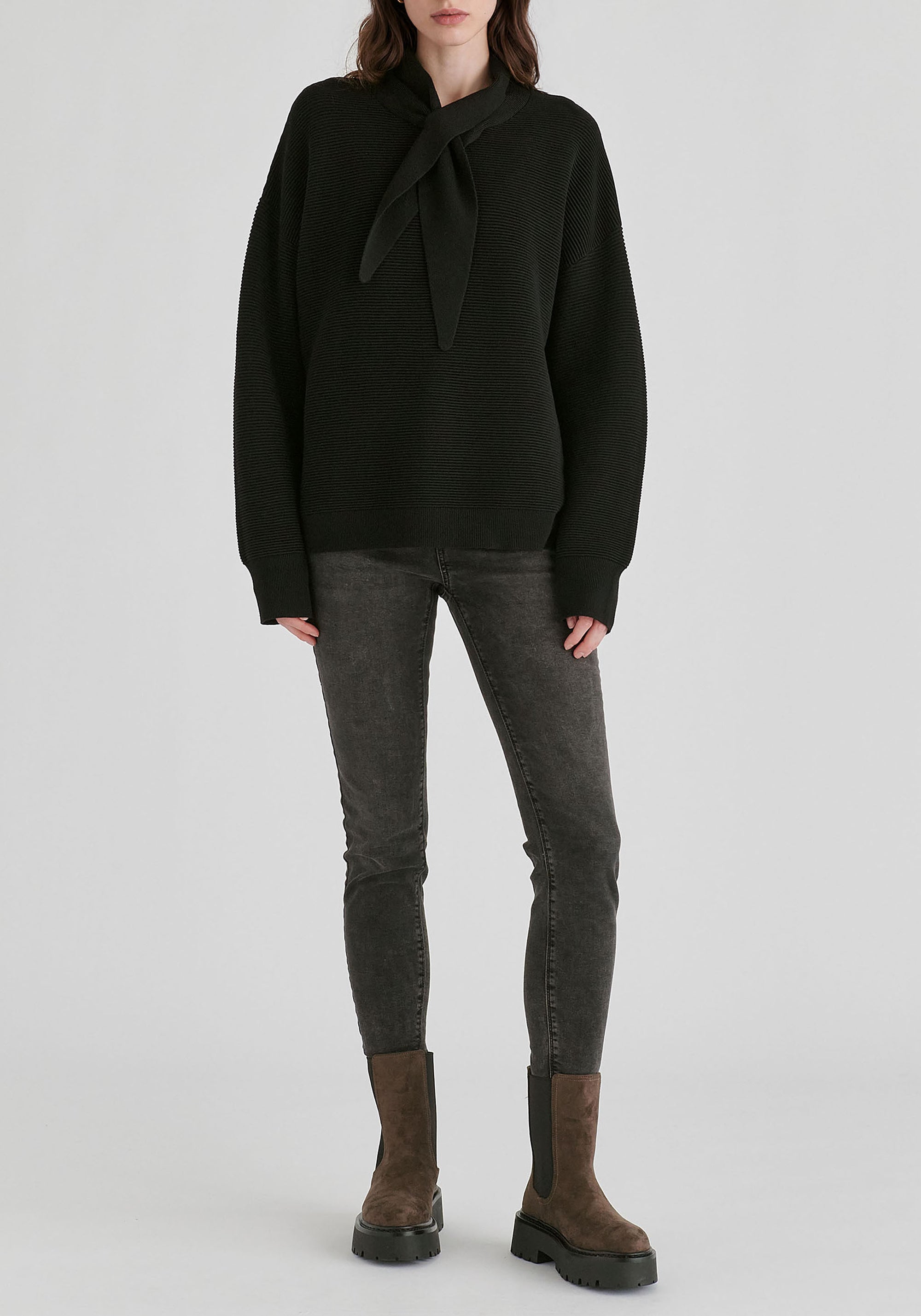 Ribbed Jumper with Attached Scarf Tie