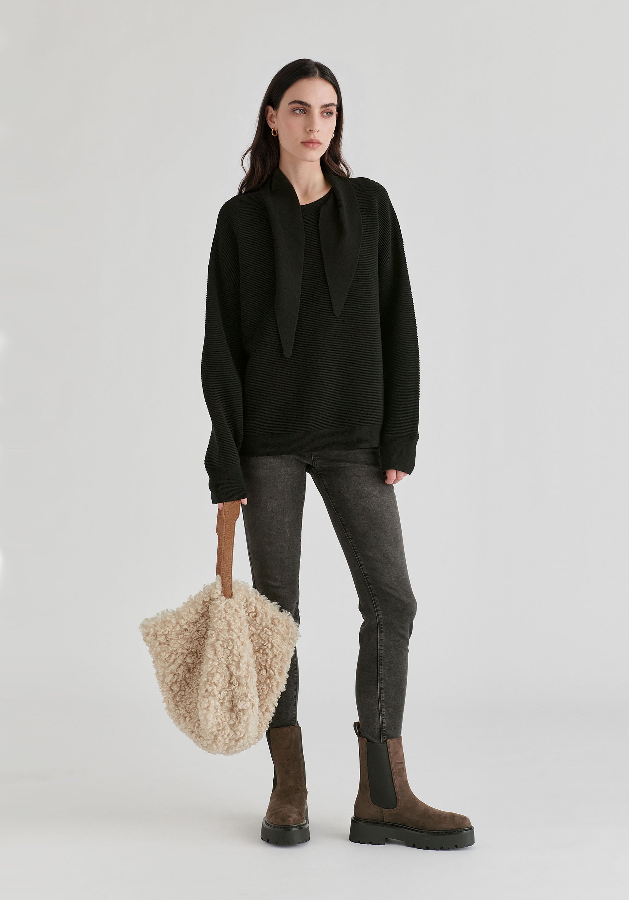 Ribbed Jumper with Attached Scarf Tie