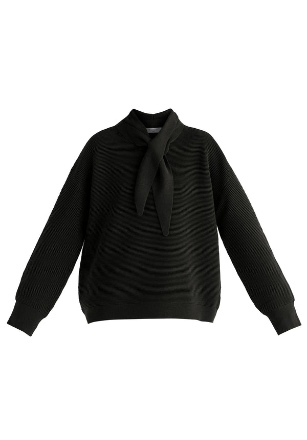 Ribbed Jumper with Attached Scarf Tie