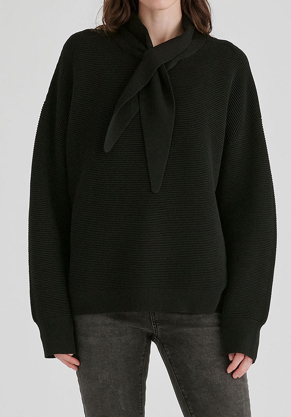 Ribbed Jumper with Attached Scarf Tie