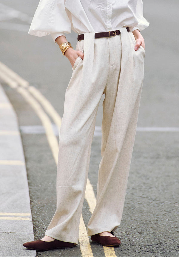 Belted Wide Leg Trousers with Box Pleats in Oatmeal Photoshoot