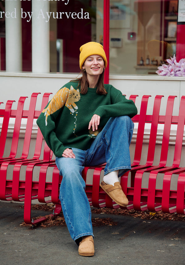 Christmas Jumper with Cat and Fairy Lights in Green Photoshoot