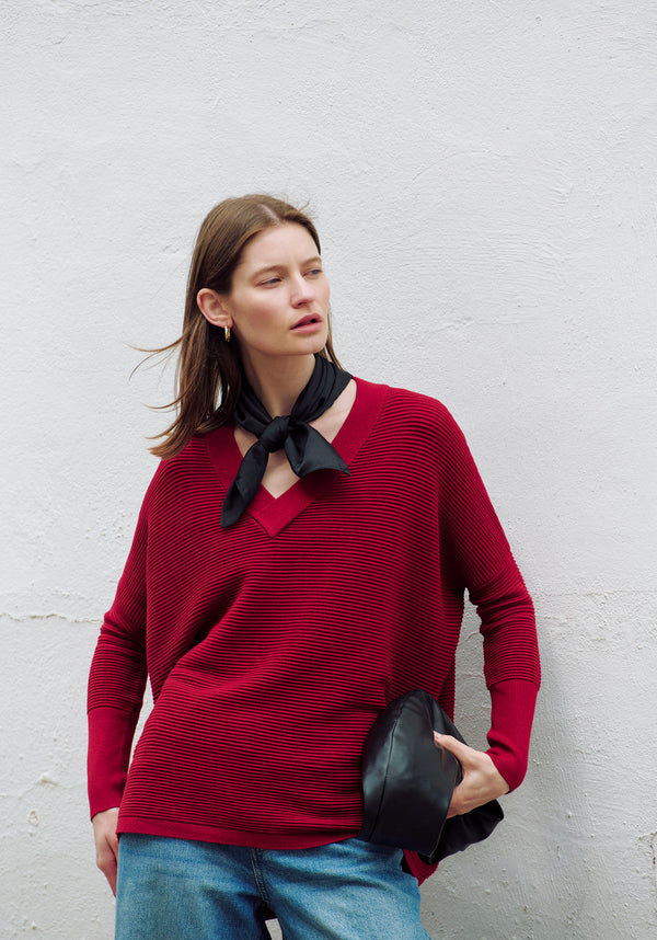 Paisie V-Neck Ribbed Jumper in Red Photoshoot