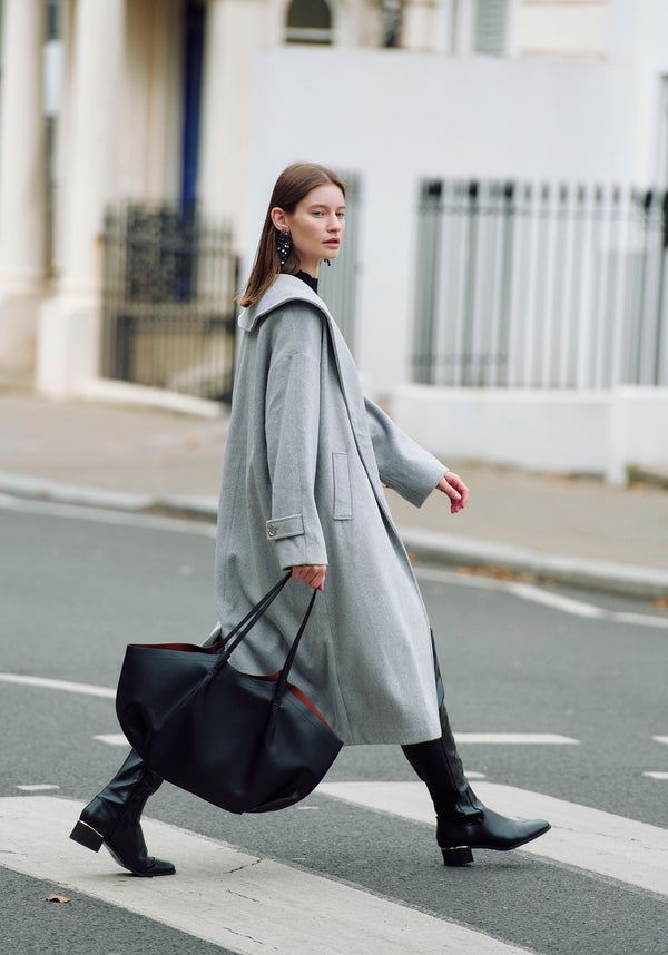 Shawl Collar Wool Coat with Belt in Light Grey Photoshoot