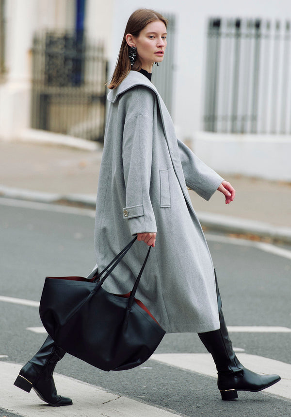 Shawl Collar Wool Coat with Belt in Light Grey Photoshoot