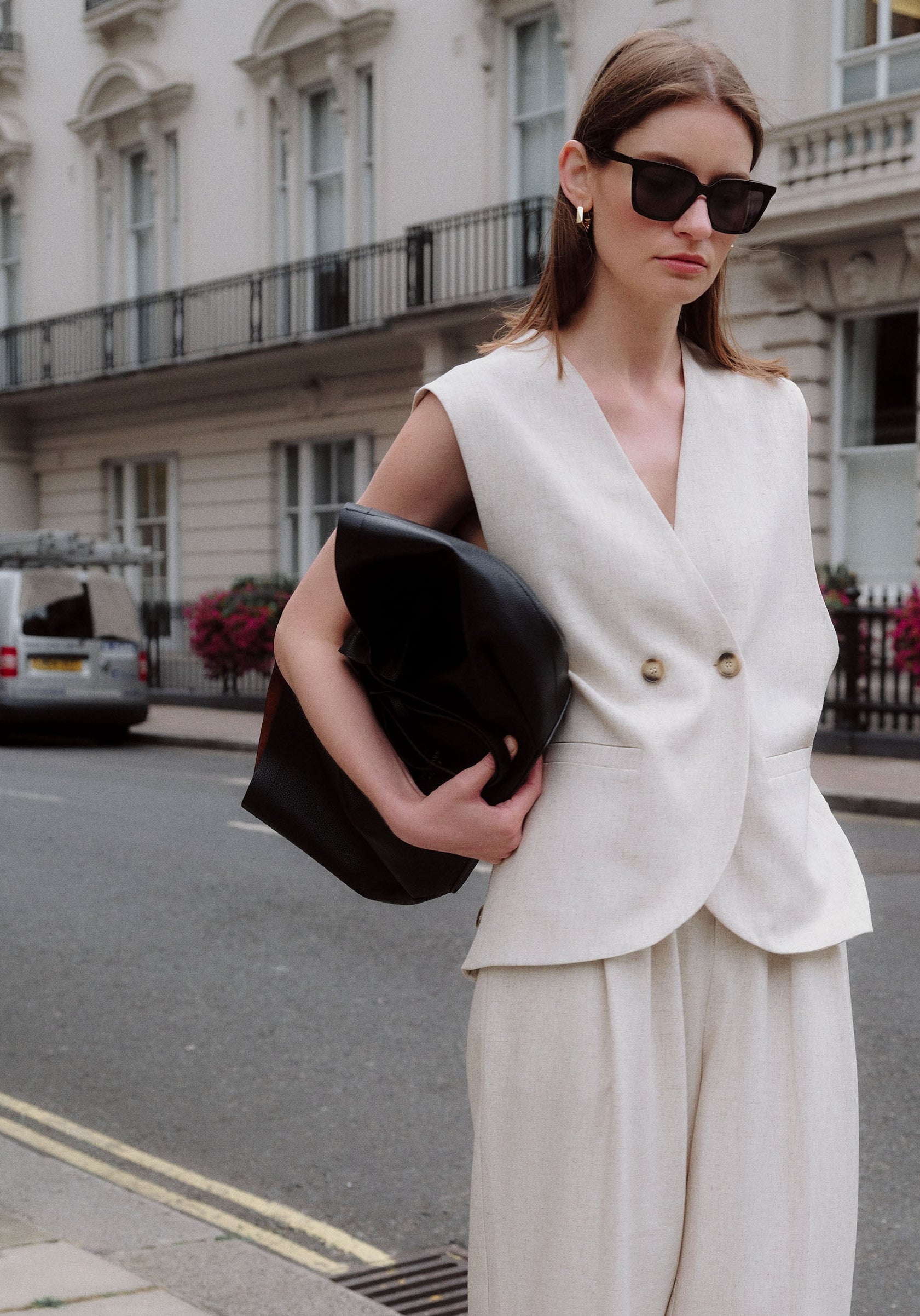 Side Buttoned Longline Waistcoat in Oatmeal Photoshoot