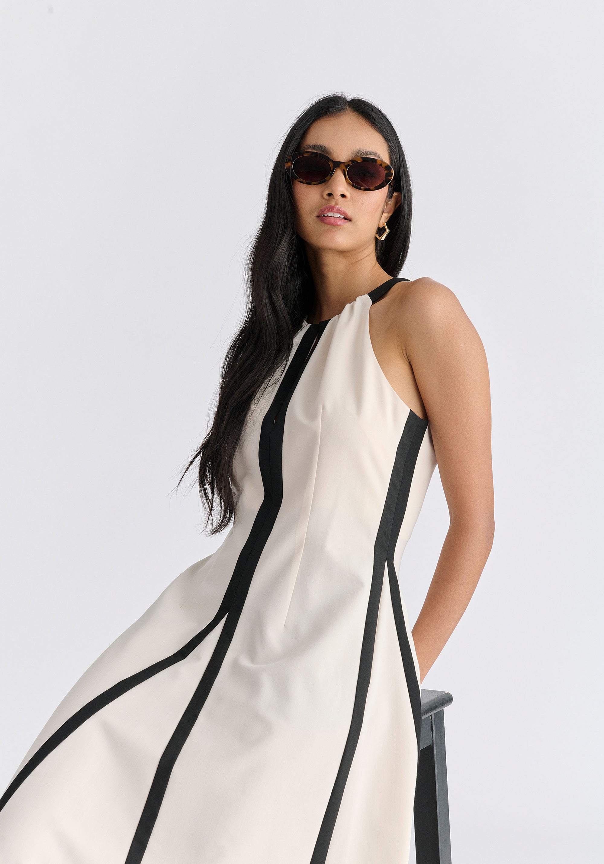 Contrast Details Halterneck Midi Dress in Beige and Black Lifestyle