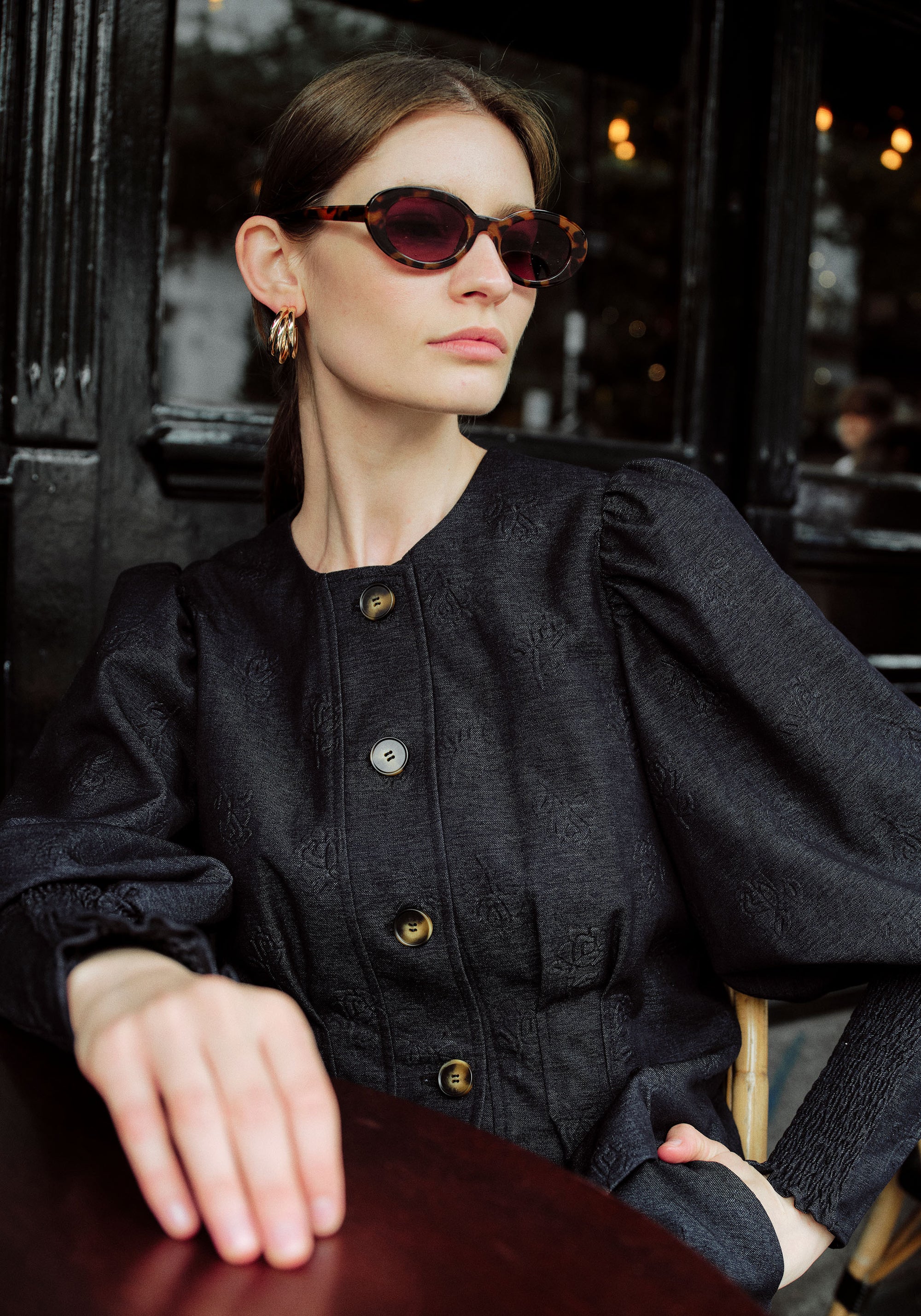 Denim Effect Jacket in Embossed Print in Dark Denim Blue Photoshoot