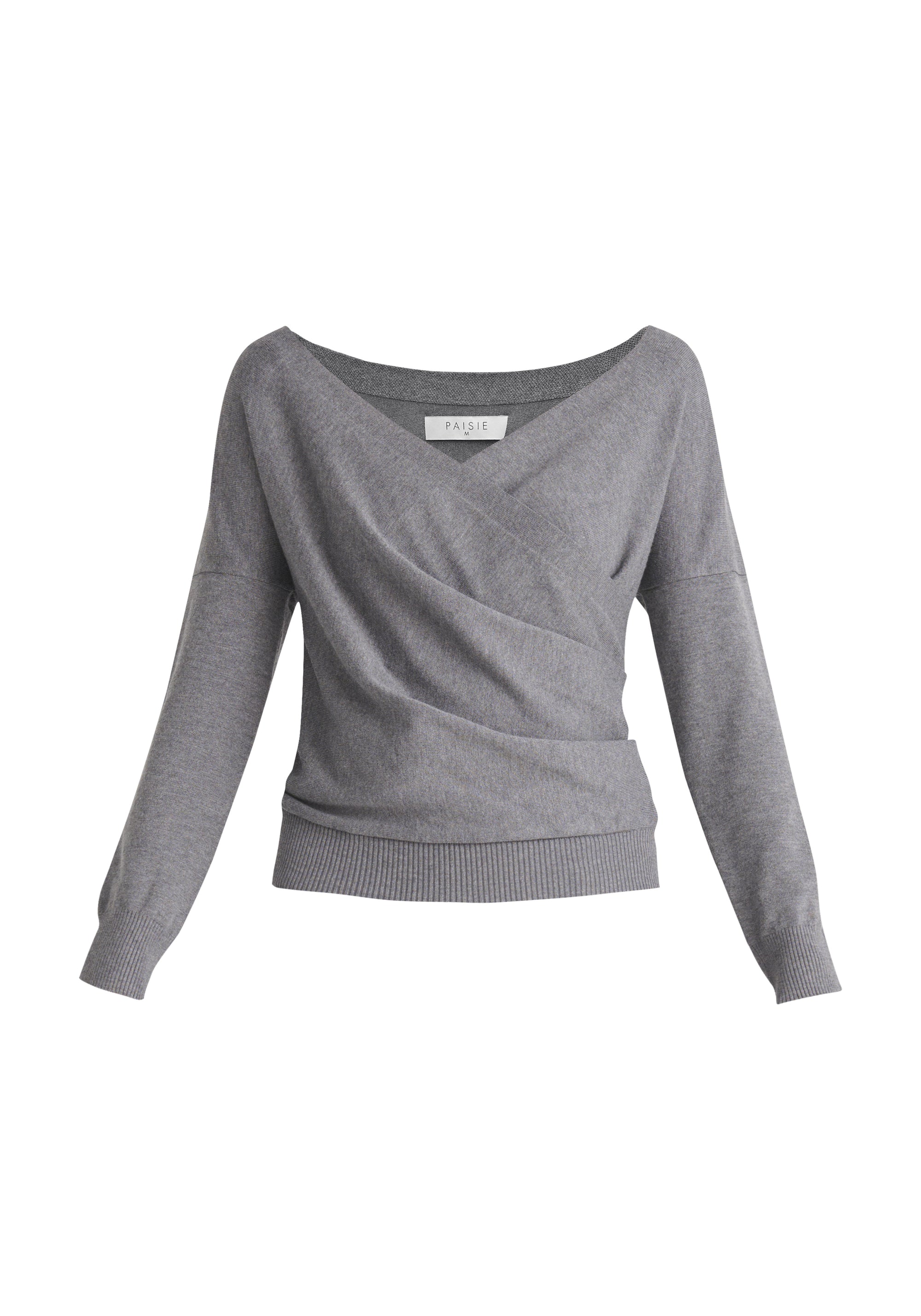 Paisie Long Sleeve Knit Wrap Top with in Grey Cut Out