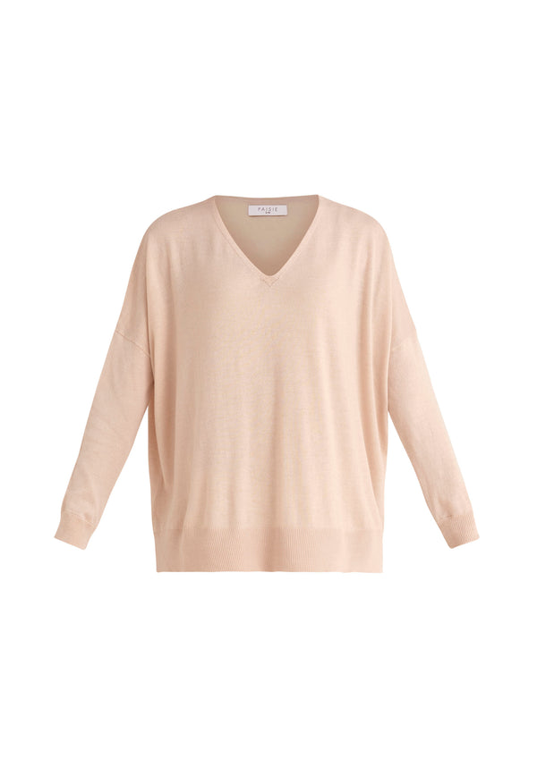 Paisie Knitted Oversized V-neck Top in Cream Cut Out