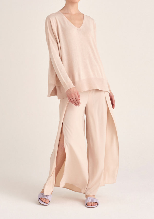 Paisie Knitted Oversized V-neck Top in Cream