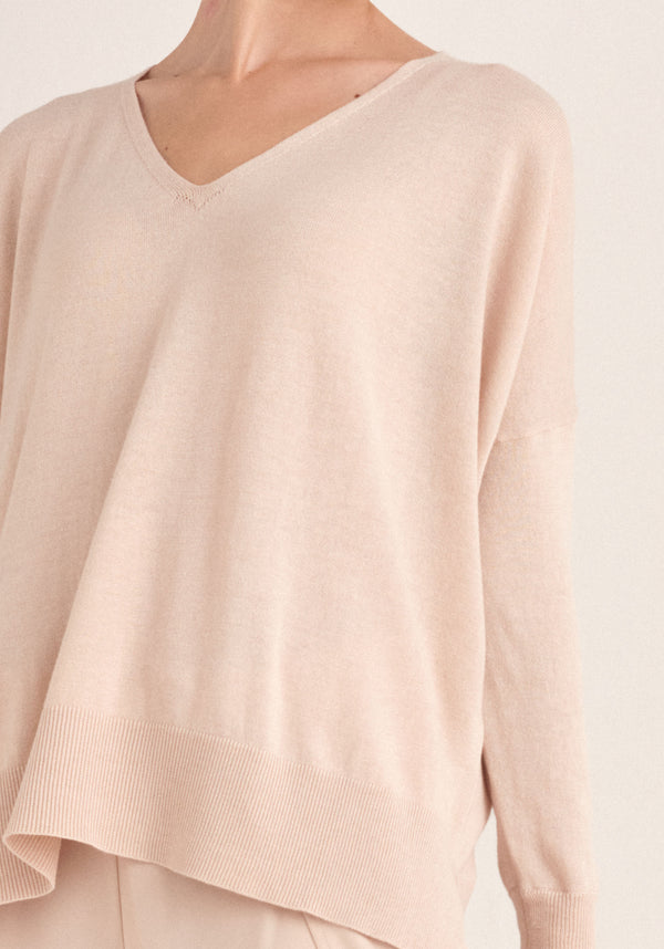 Paisie Knitted Oversized V-neck Top in Cream Close Up