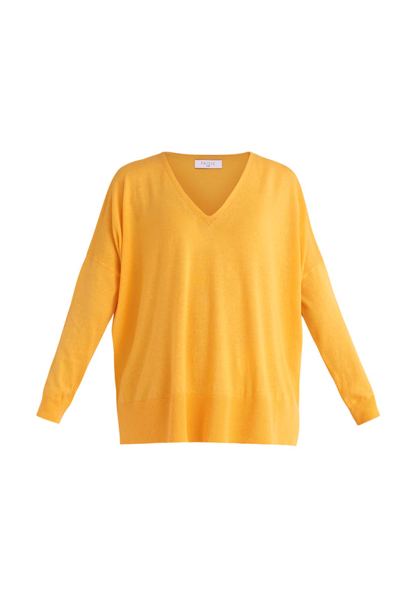 Paisie Knitted Oversized V-neck Top in Yellow Cut Out