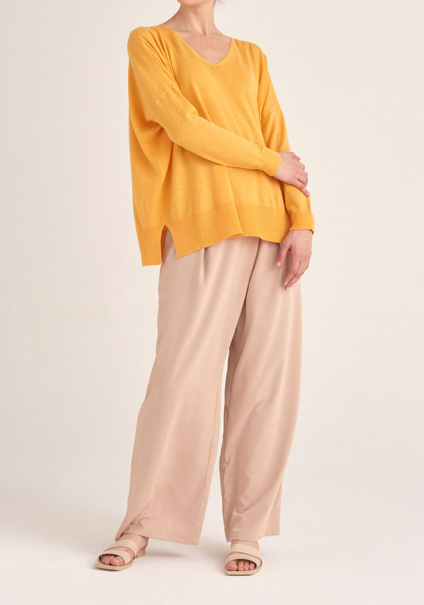 Paisie Knitted Oversized V-neck Top in Yellow
