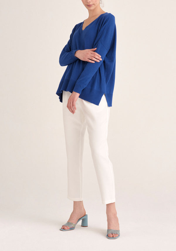 Paisie Knitted Oversized V-neck Top in Blue