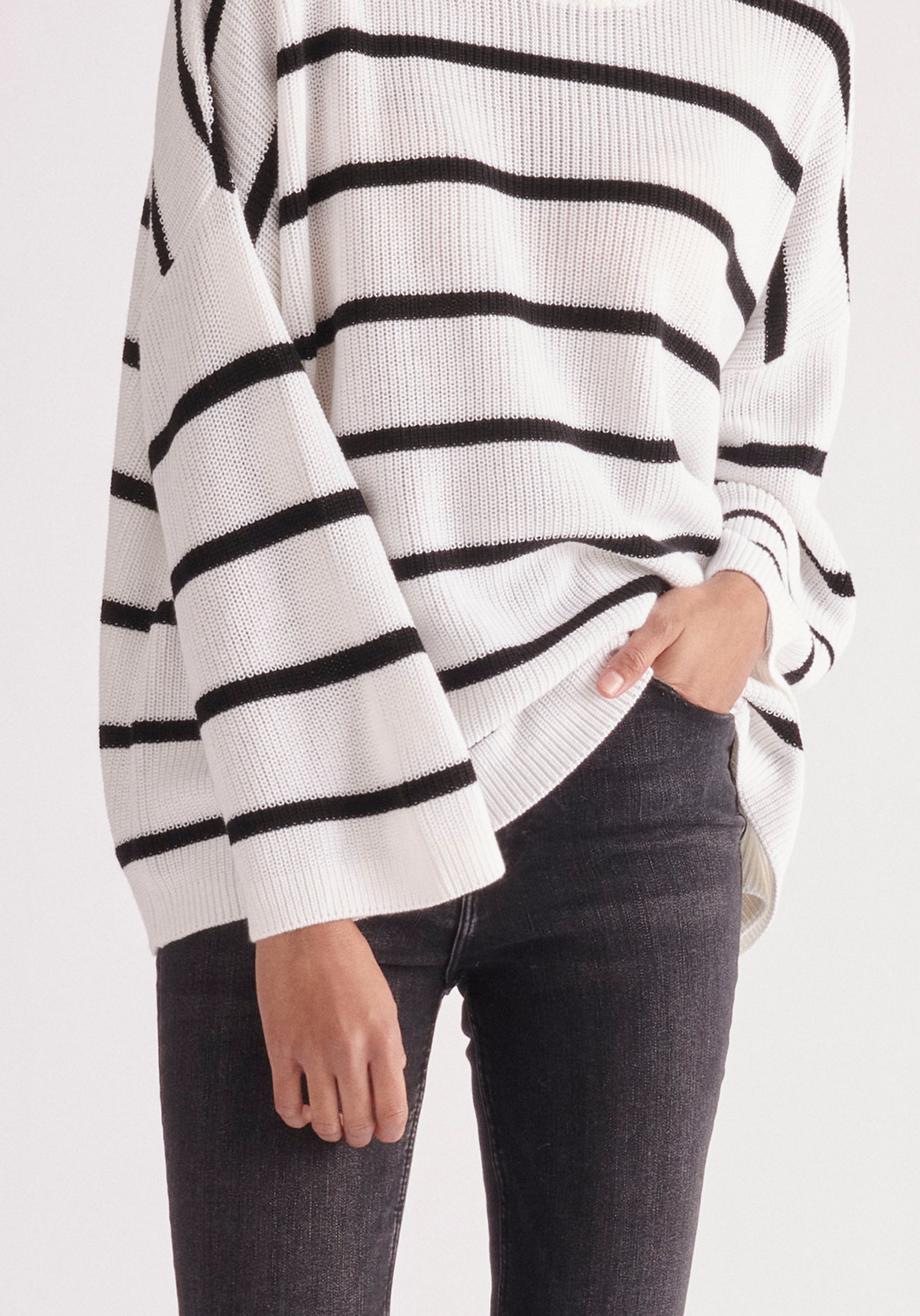 Paisie Striped High Neck Jumper in White and Black Close Up