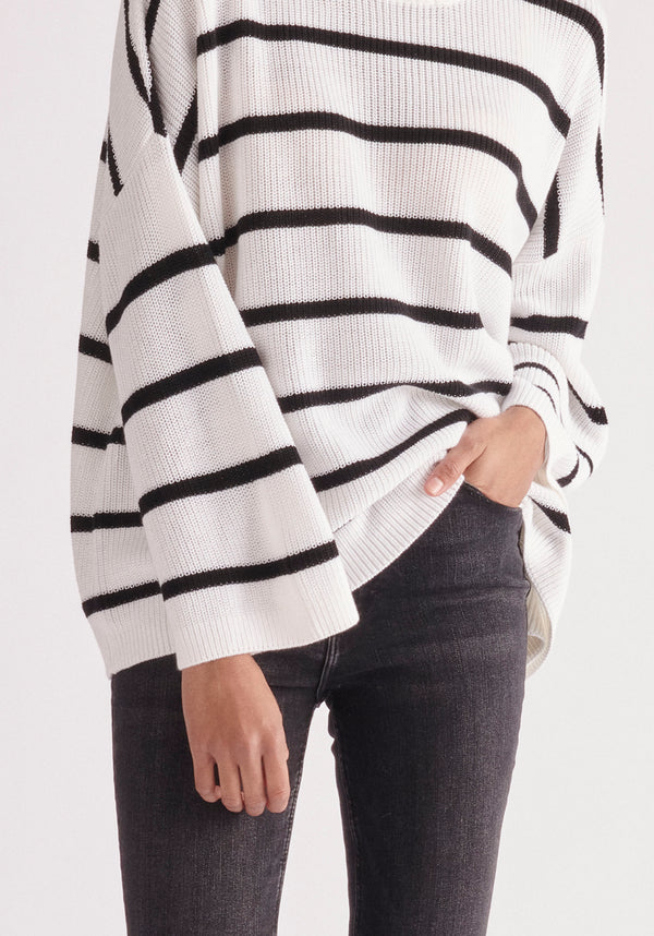 Paisie Striped High Neck Jumper in White and Black Close Up