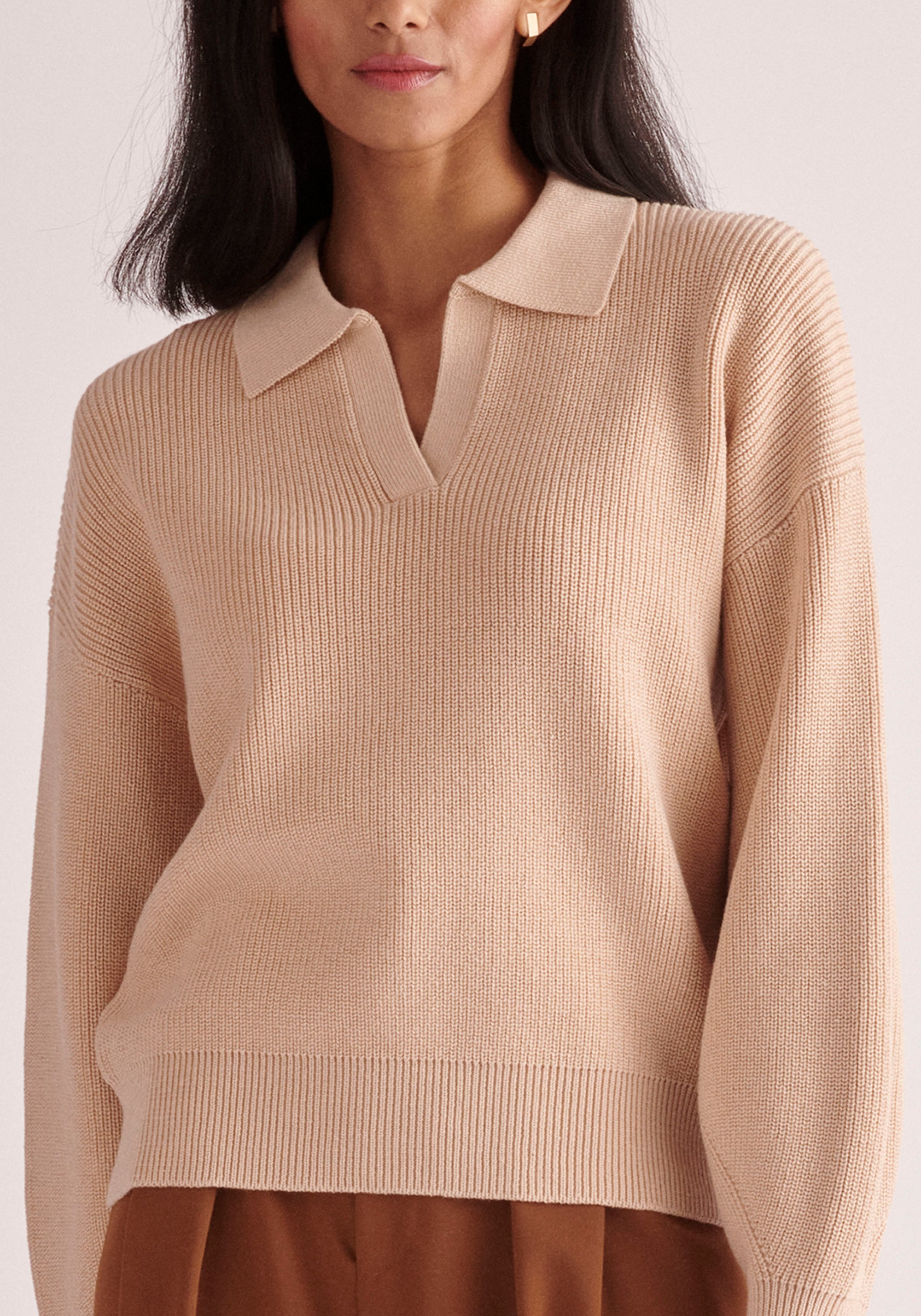 Paisie Knitted Polo Jumper in Oatmeal Close Up