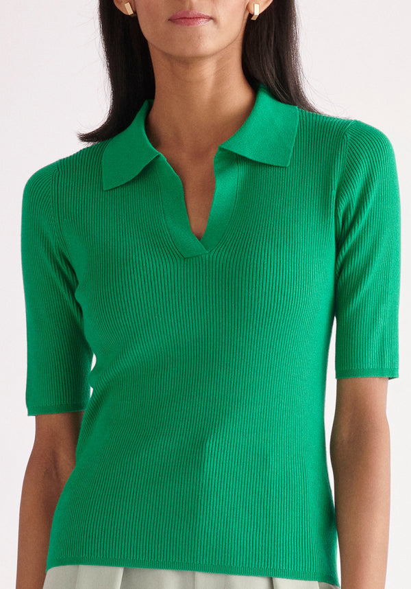 Paisie Short Sleeve Polo Top in Green Close Up